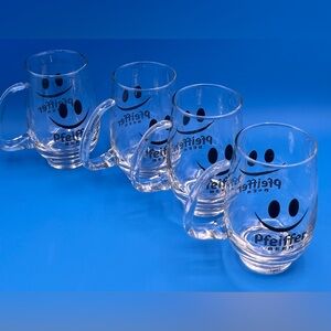 4 Vintage Pfeiffer Beer Promo Glasses Mugs Cups Smiley Faces Unique Open Handle